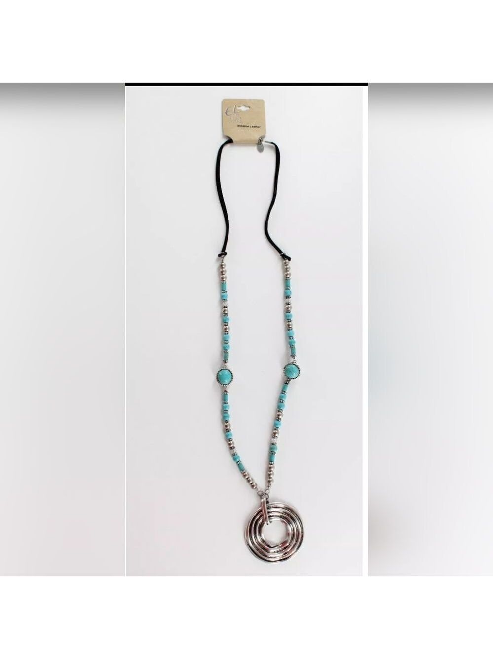 Erica Lyons Silver Swirl Pendant and Turquoise Beaded Necklace NWT 36" Pend 2.5"